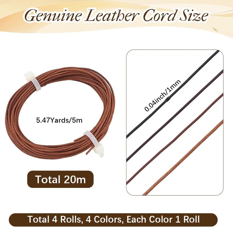 CALFOVERA 4 Colors 21.87 Yards 1MM Cowhide Leather String Lace Cord for Jewelry Making Round Thin Genuine Real Leather Cording Rope Braiding Strip Thread for Crafting Necklace Bracelets Wraps Beading - Image 2